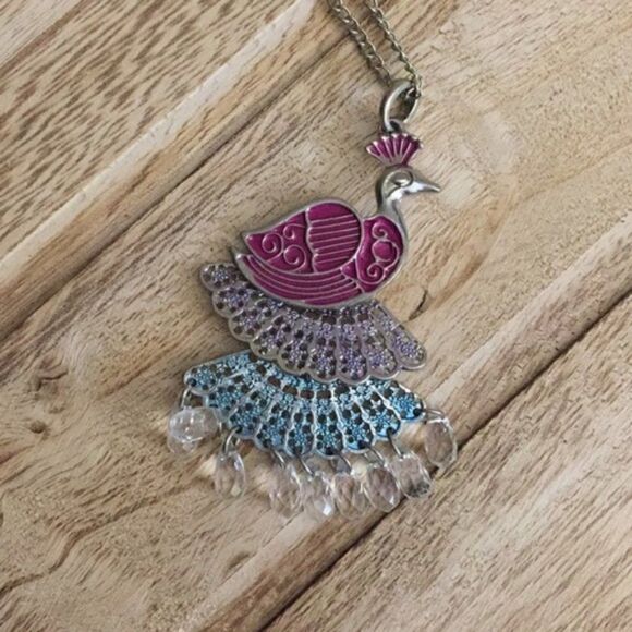 Peacock Necklace Pink Blue with Beads Extra Long - Picture 2 of 6